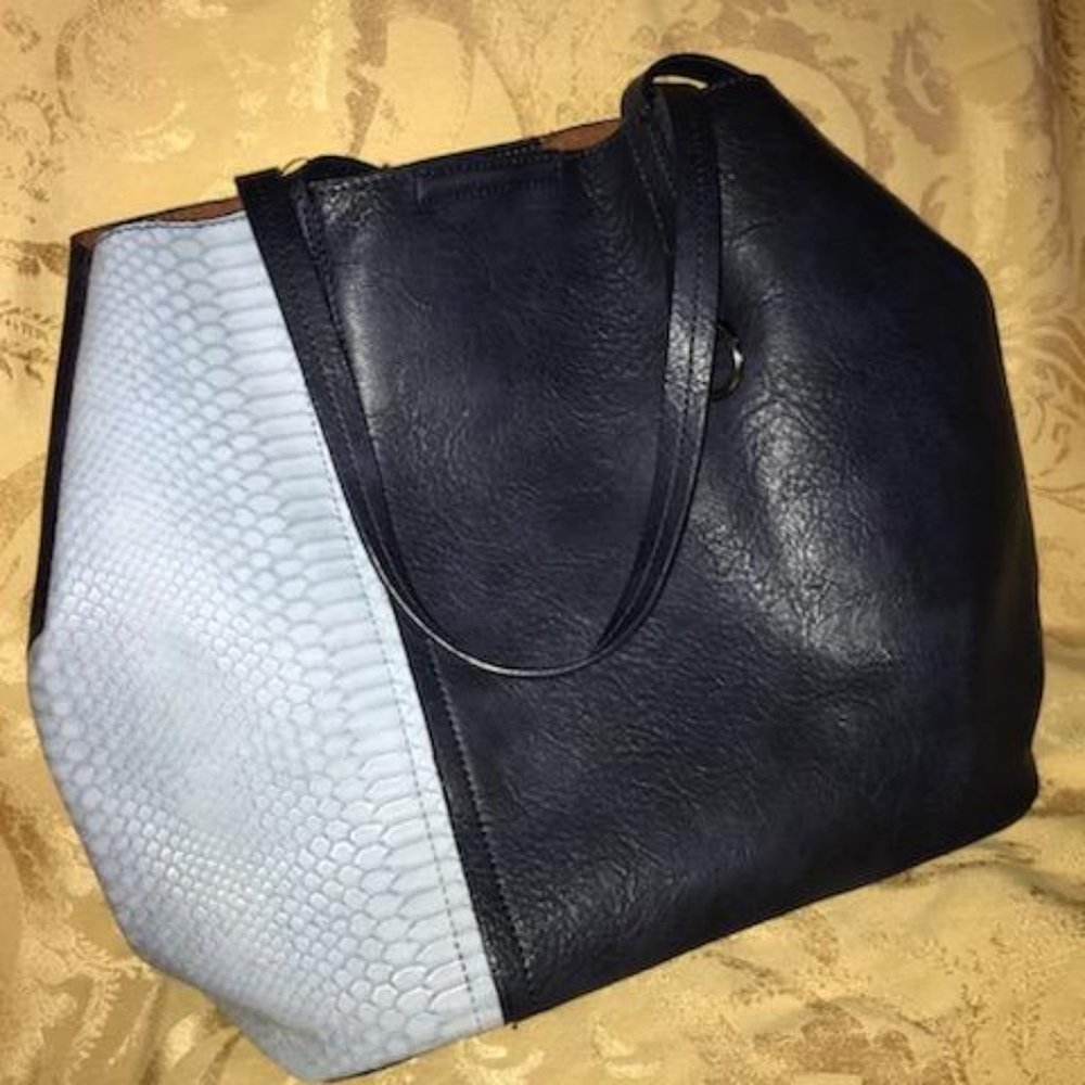 Vegan Two-toned Blue Navy Shoulder Purse w/bonus RFID block bag holds a tablet